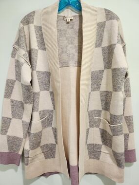 Checked Open Front Cardigan Sweater - Beige & Gray